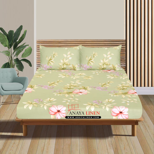 Olive Bloom Cotton Fitted Sheet by Anaya Linen