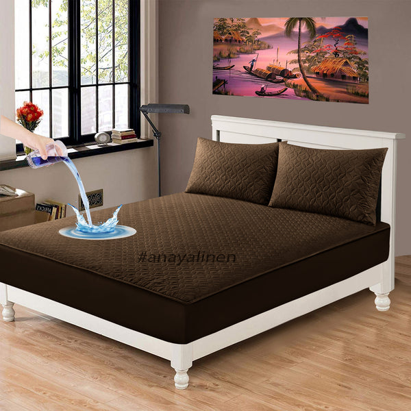 Quilted Waterproof Mattress Protector with Pillow Case - Dark Brown